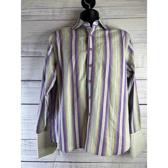 Robert Graham Dress Shirt Lime GreenPurple White Striped Colorful Button Down - Picture 1 of 16